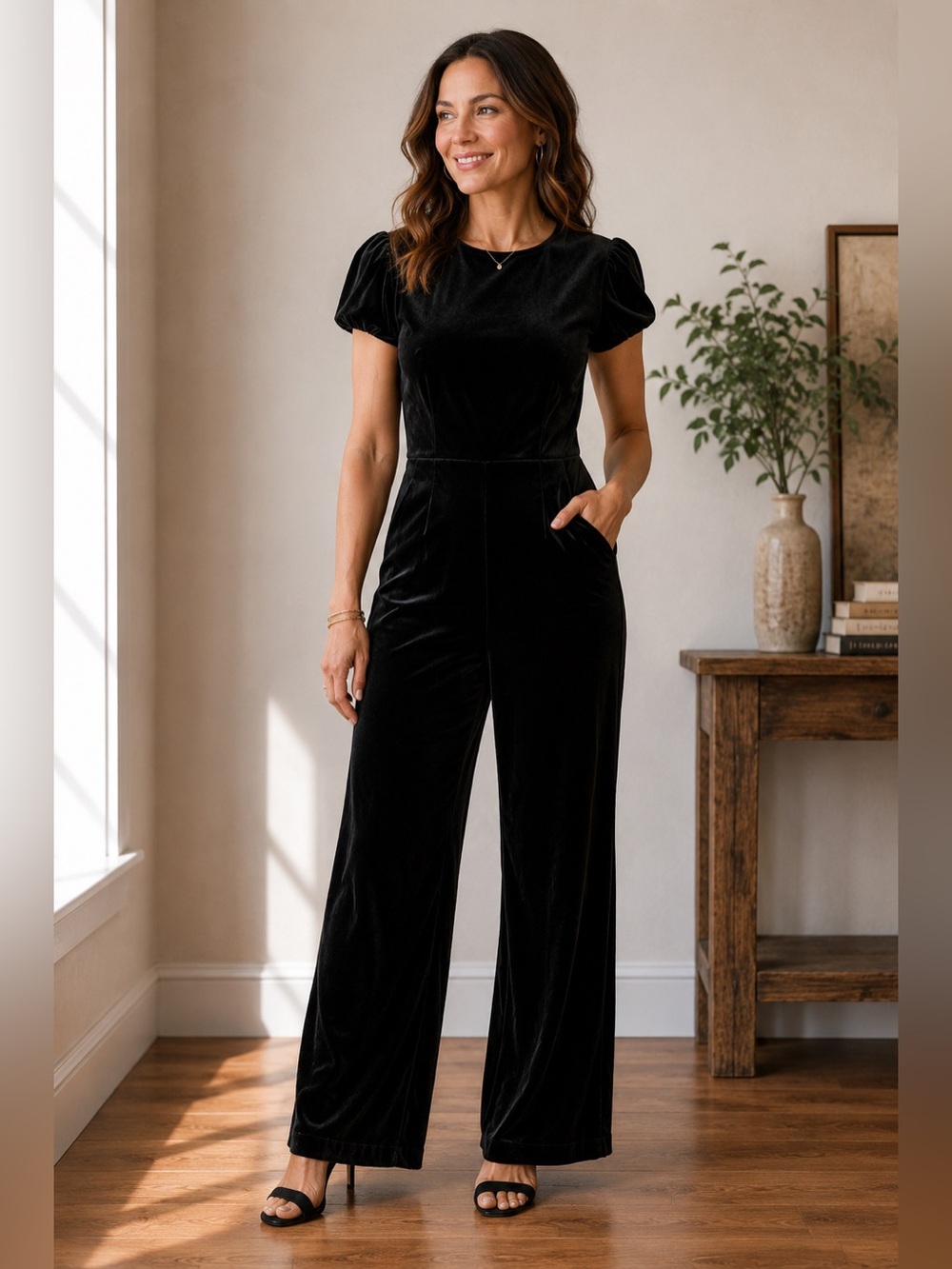 Simply Vera Vera Wang Black Velvet Short Sleeve Wide Leg Jumpsuit Size S
